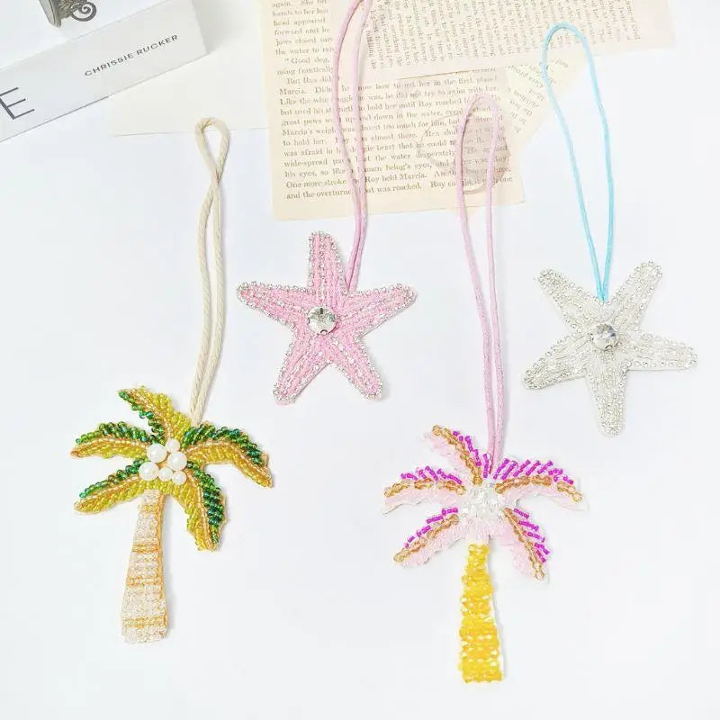 New Coconut Tree Applique Patch Crystal Starfish Sequin Handmade Beaded Clothing Sew On Patches Hanging Rope Keyring Bag Pendant