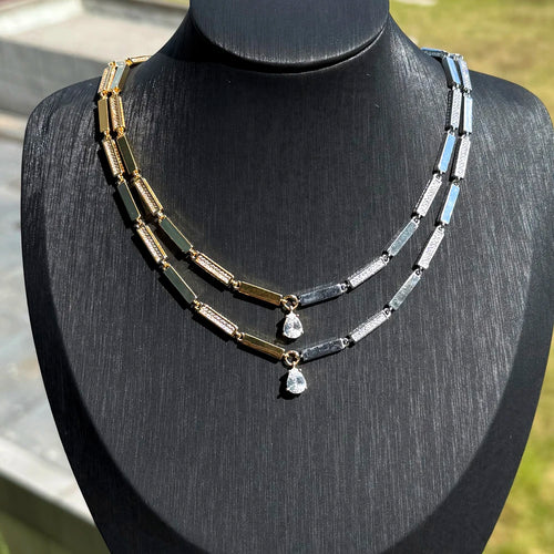2025 NEW fashion two tone Round CZ Geometric Rectangle Bar Charm Tennis Chain Choker Necklace Women Jewelry