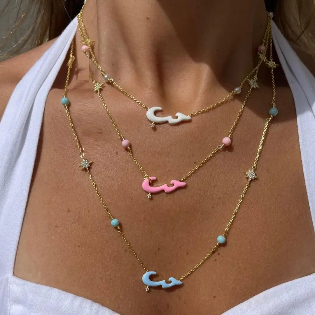 Pastel Enamel Arabic Word Love Letter Colorful Round Ball Beads Star Charm Fashion Women Necklace 2022 New
