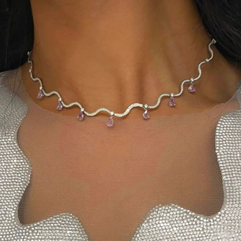 Zirconia Wave Charm Necklace