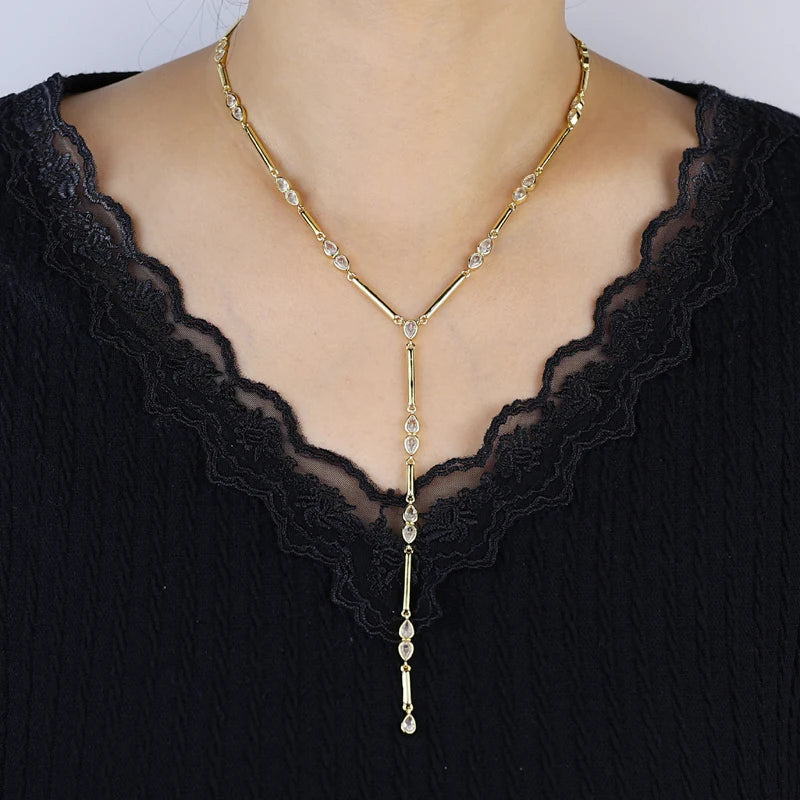 Geometric Bar Tear Drop Cubic Zirconia CZ Link Chain Long Y Lariat Sexy Women Fashion Necklace 2026 New Arrived