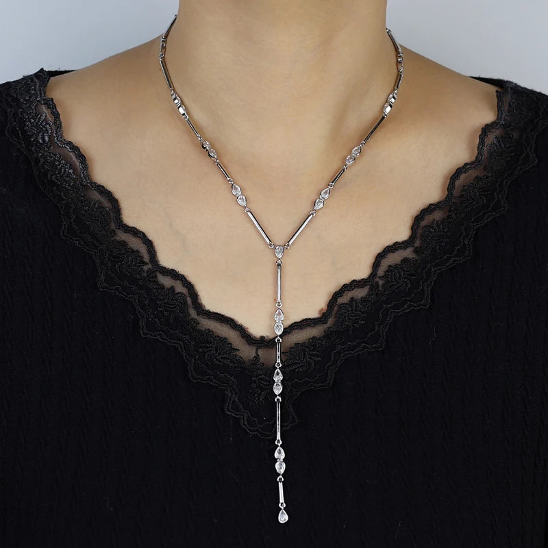 Geometric Bar Tear Drop Cubic Zirconia CZ Link Chain Long Y Lariat Sexy Women Fashion Necklace 2026 New Arrived