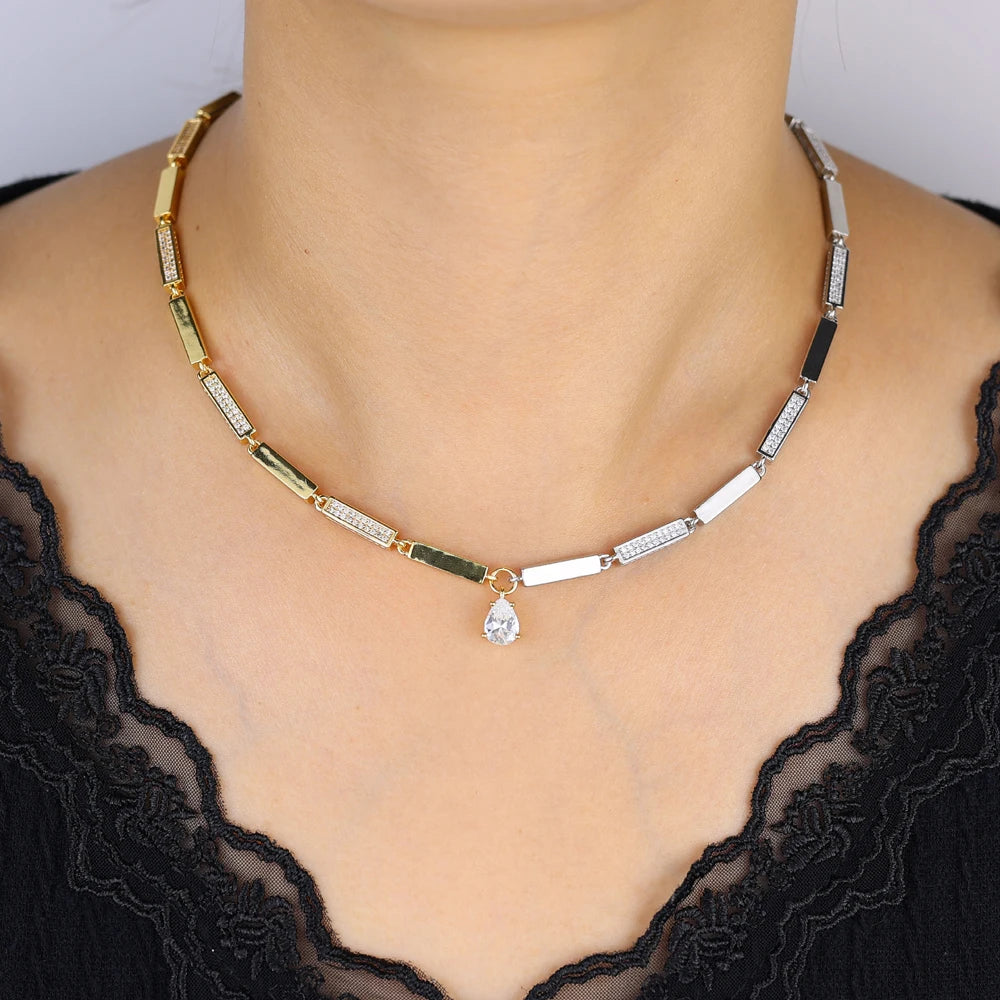 2025 NEW fashion two tone Round CZ Geometric Rectangle Bar Charm Tennis Chain Choker Necklace Women Jewelry