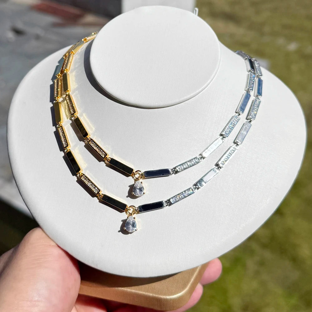 2025 NEW fashion two tone Round CZ Geometric Rectangle Bar Charm Tennis Chain Choker Necklace Women Jewelry