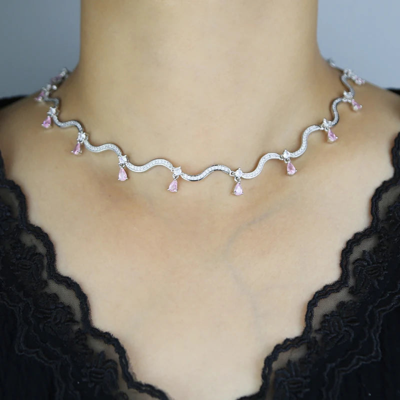Zirconia Wave Charm Necklace