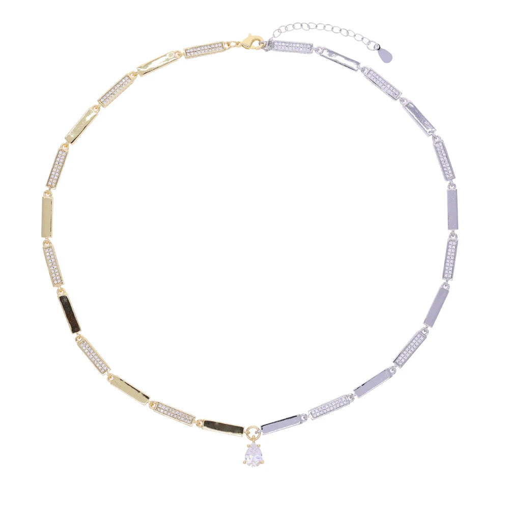 2025 NEW fashion two tone Round CZ Geometric Rectangle Bar Charm Tennis Chain Choker Necklace Women Jewelry