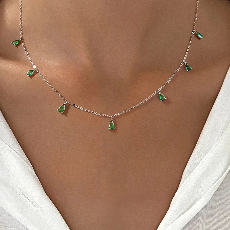 925 Sterling Silver Simple Multicolor Water Drop Zircon Tassel Necklace For Women Anniversary Party High Quality Fine Jewelry