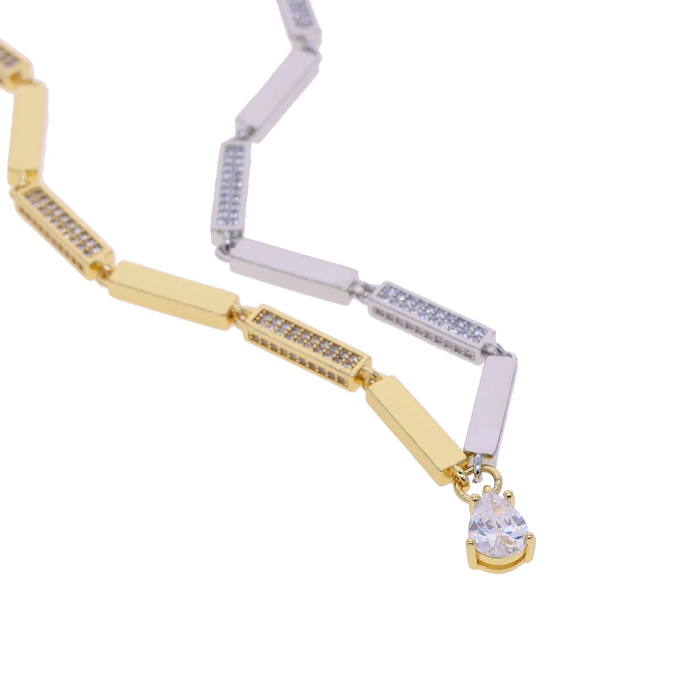 2025 NEW fashion two tone Round CZ Geometric Rectangle Bar Charm Tennis Chain Choker Necklace Women Jewelry