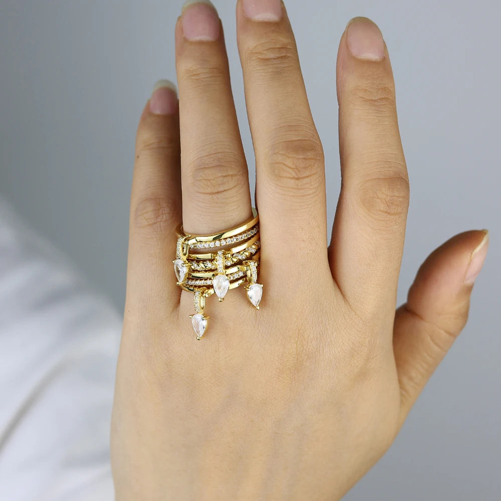 2026 New Gold Plated Multilayer Stacking Finger Ring Micro Pave Cubic Zircon For Women Fashion Unique Full Finger Jewlery