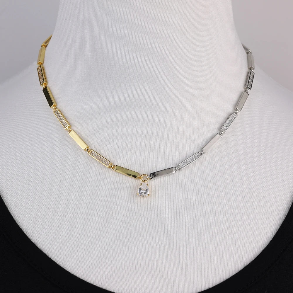 2025 NEW fashion two tone Round CZ Geometric Rectangle Bar Charm Tennis Chain Choker Necklace Women Jewelry