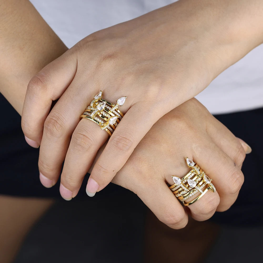 2026 New Gold Plated Multilayer Stacking Finger Ring Micro Pave Cubic Zircon For Women Fashion Unique Full Finger Jewlery