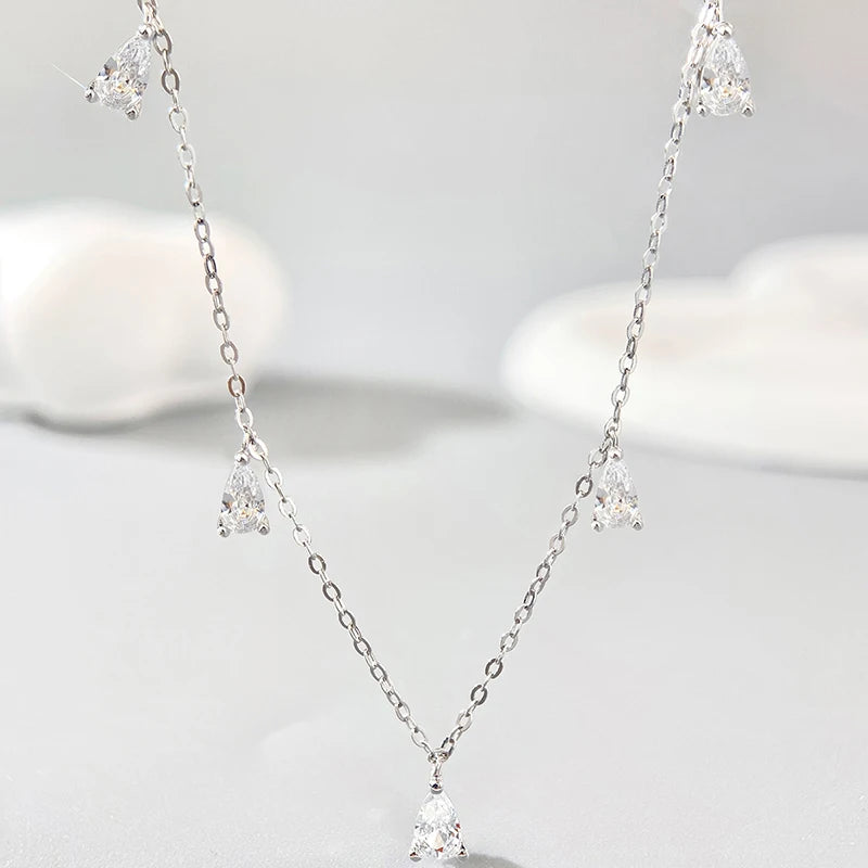 925 Sterling Silver Simple Multicolor Water Drop Zircon Tassel Necklace For Women Anniversary Party High Quality Fine Jewelry