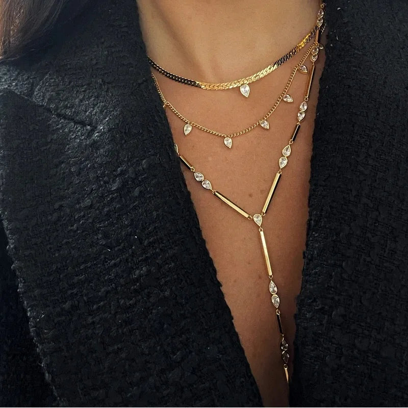 Geometric Bar Tear Drop Cubic Zirconia CZ Link Chain Long Y Lariat Sexy Women Fashion Necklace 2026 New Arrived
