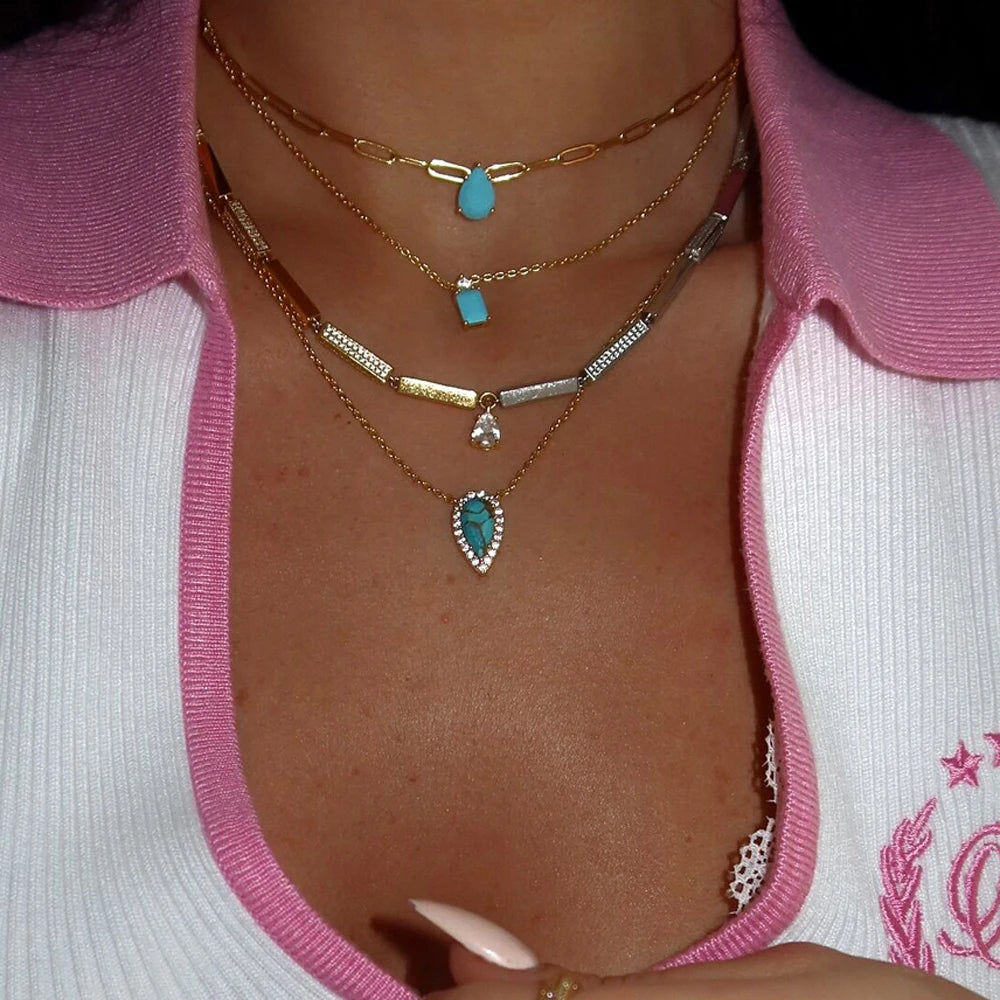 2025 NEW fashion two tone Round CZ Geometric Rectangle Bar Charm Tennis Chain Choker Necklace Women Jewelry