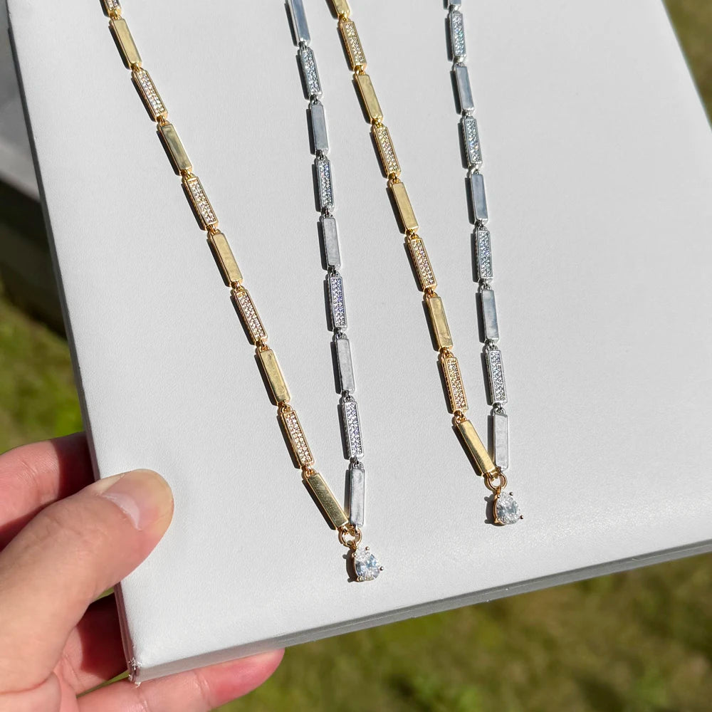 2025 NEW fashion two tone Round CZ Geometric Rectangle Bar Charm Tennis Chain Choker Necklace Women Jewelry