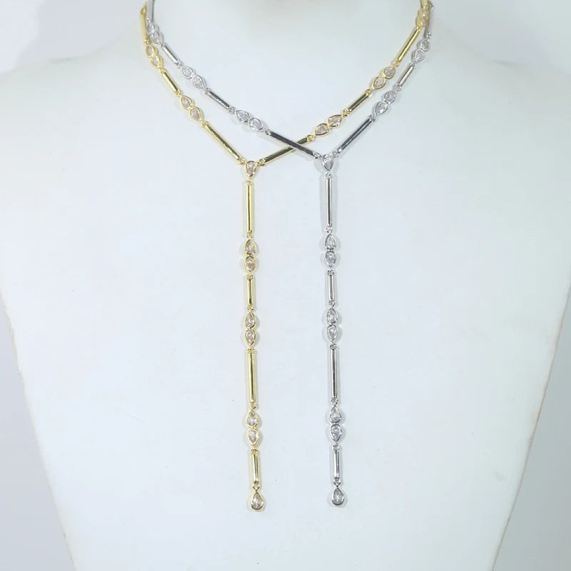 Geometric Bar Tear Drop Cubic Zirconia CZ Link Chain Long Y Lariat Sexy Women Fashion Necklace 2026 New Arrived