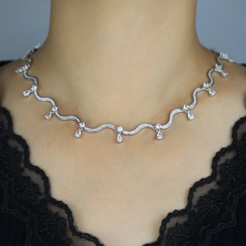 Zirconia Wave Charm Necklace