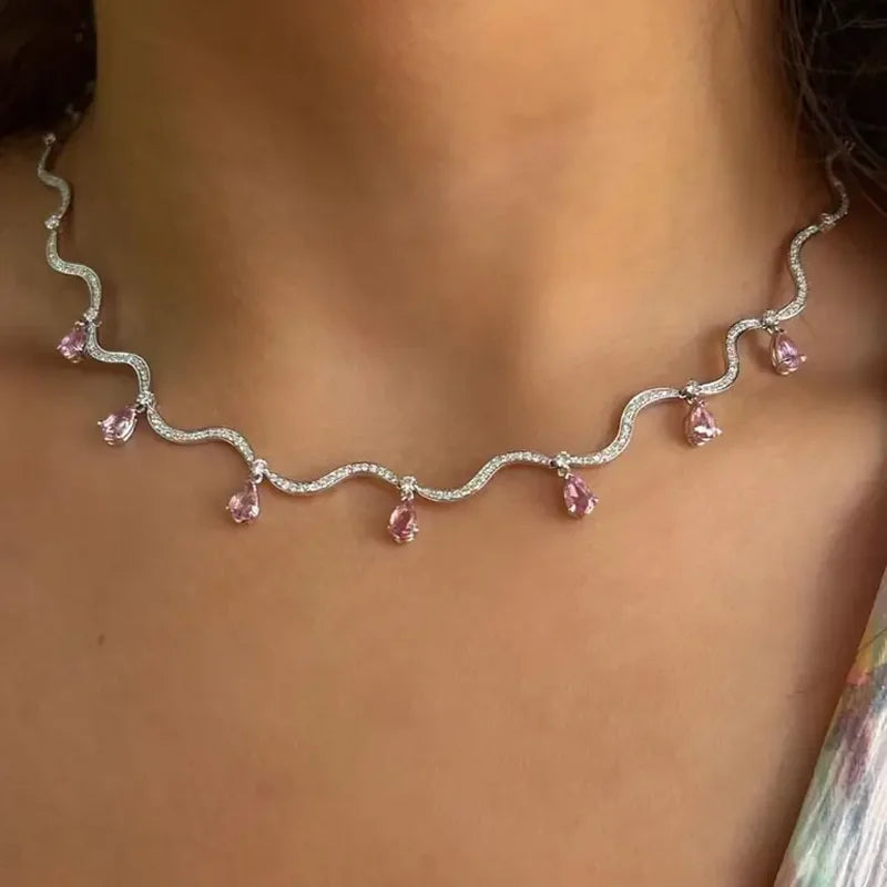 Zirconia Wave Charm Necklace