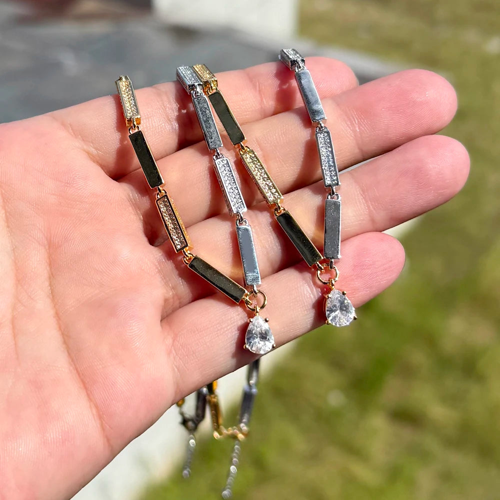 2025 NEW fashion two tone Round CZ Geometric Rectangle Bar Charm Tennis Chain Choker Necklace Women Jewelry